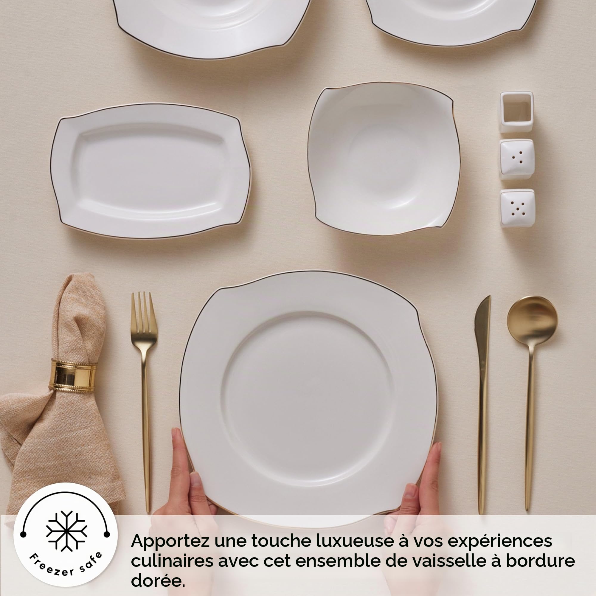 Karaca Service de Table 53 Pièces pour 12 Personnes, Vaisselle en Porcelaine Fine avec Assiettes, Bols, Carré Plats de Service, Salière et Poivrière, Élégant et Idéal pour les Occasions Spéciales