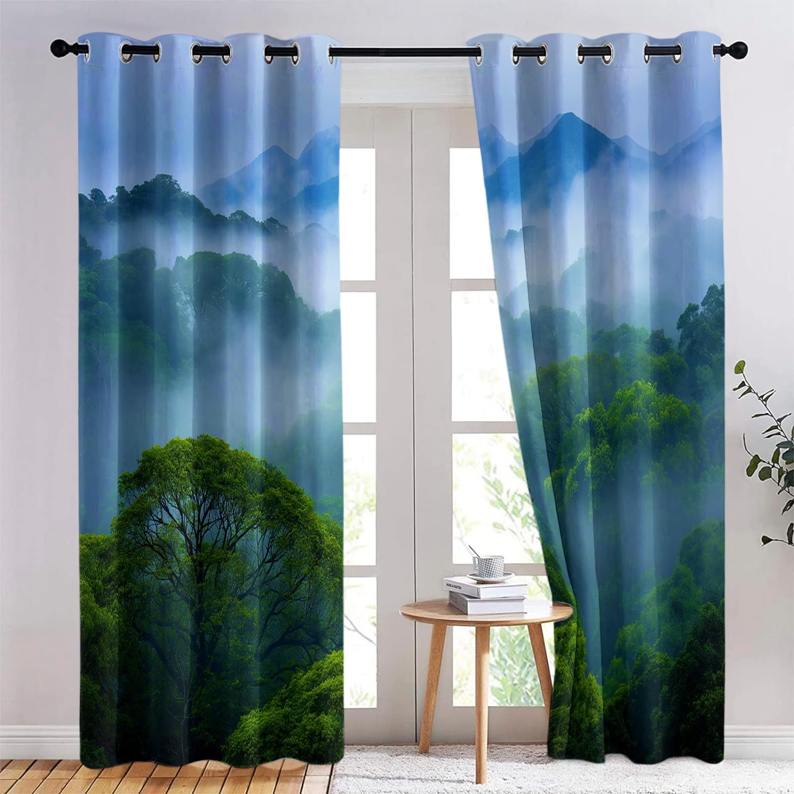 Zestaw 2 zasłon zaciemniających 110 x 215 cm (szer. x wys.), naturalne chmury lasu tropikalnego do wnętrz z oczkami zaciemniające, dekoracja do salonu, sypialni, okna, zestaw 2 sztuk