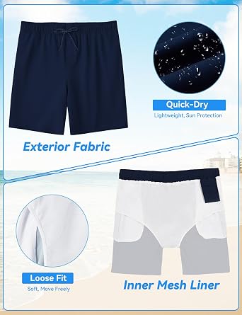 Mens Swim Trunks 8 inch Inseam Mesh Liner Quick-Dry Lightweight 4-Way Stretch Bathing Suit Swimming Trunks for Men UPF 50+