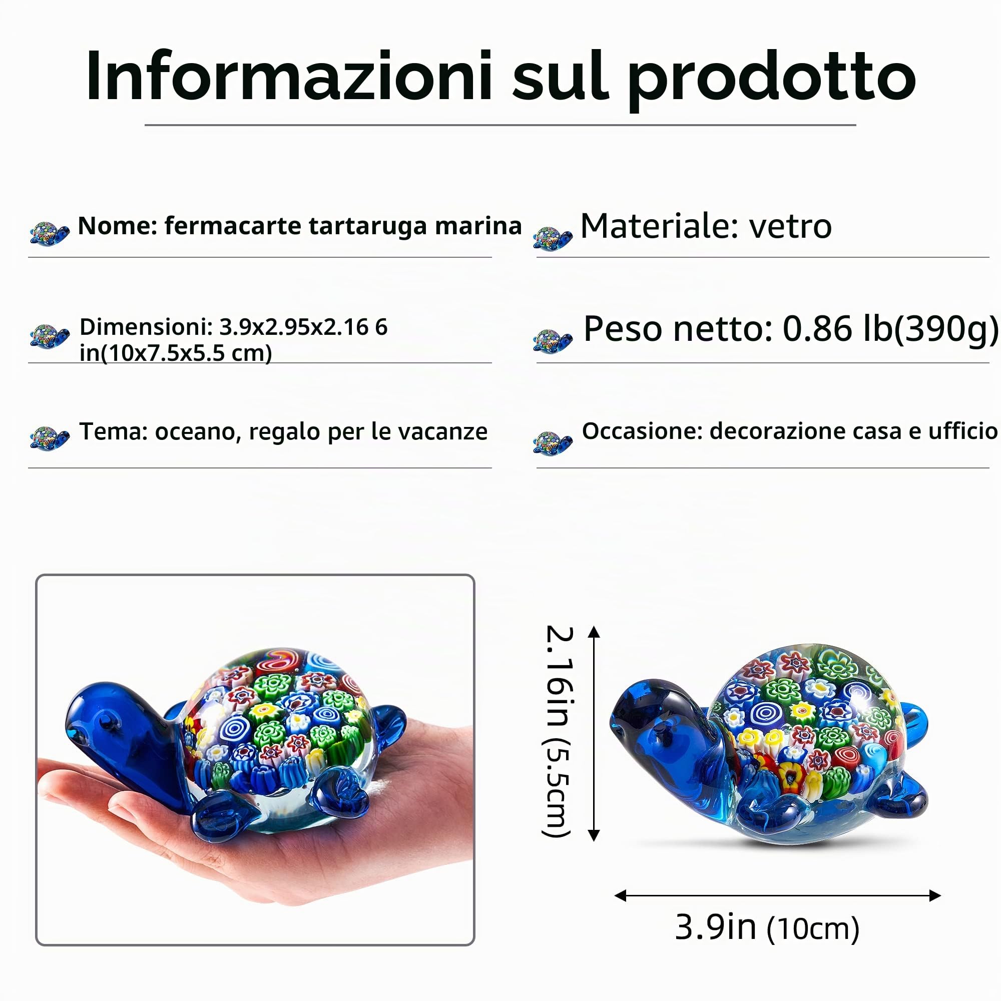 EUSTUMA Statuette di tartaruga marina in vetro soffiato a mano, decorazione per la casa, collezione di animali marini per regalo di compleanno, scultura in vetro tartaruga
