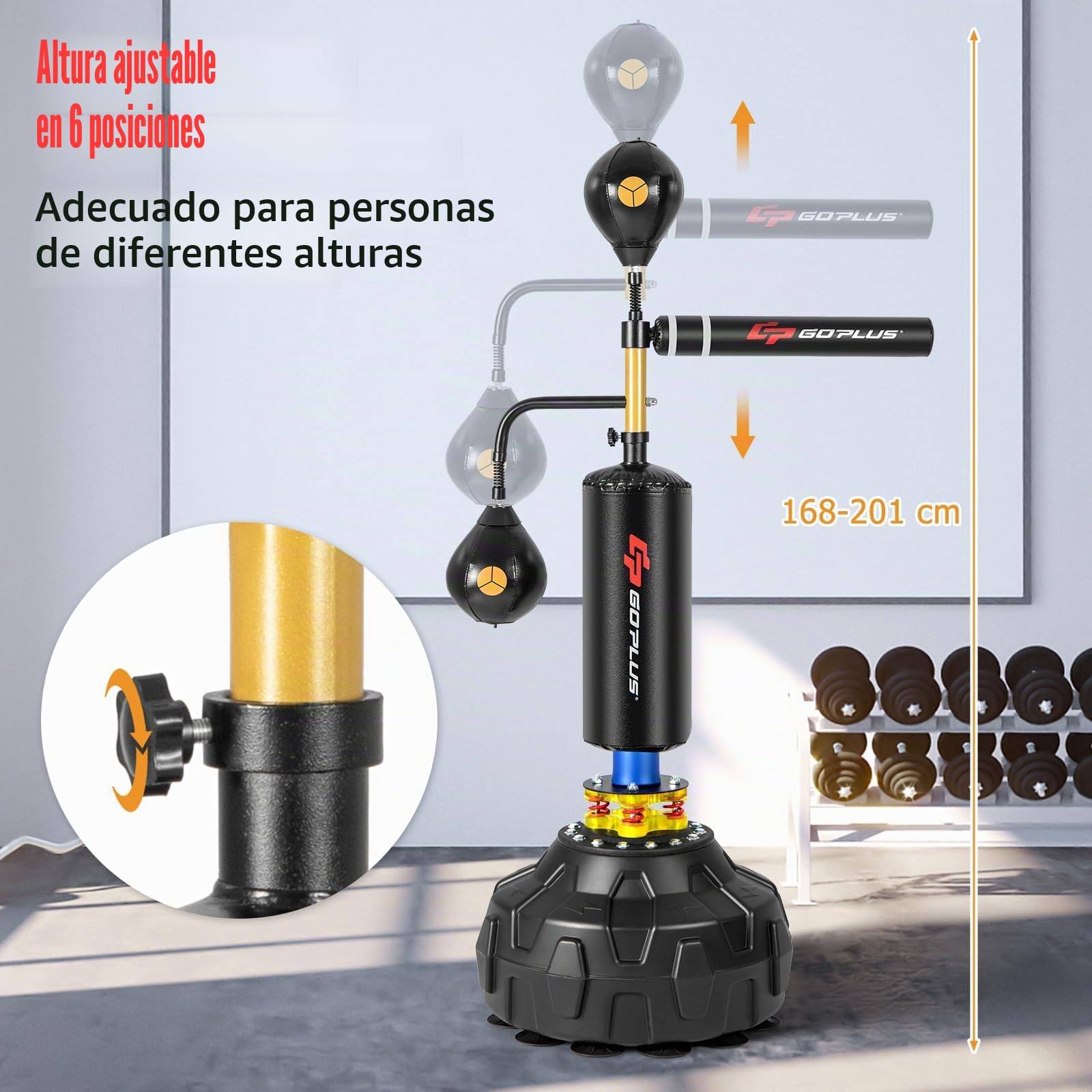 GOPLUS Saco de Boxeo de Pie Profesional, Entrenador de Velocidad de Boxeo con Soporte, 2 Peras de Velocidad, Barra Giratoria, Equipo de Fitness de Altura Ajustable, Base Rellenable para Adulto