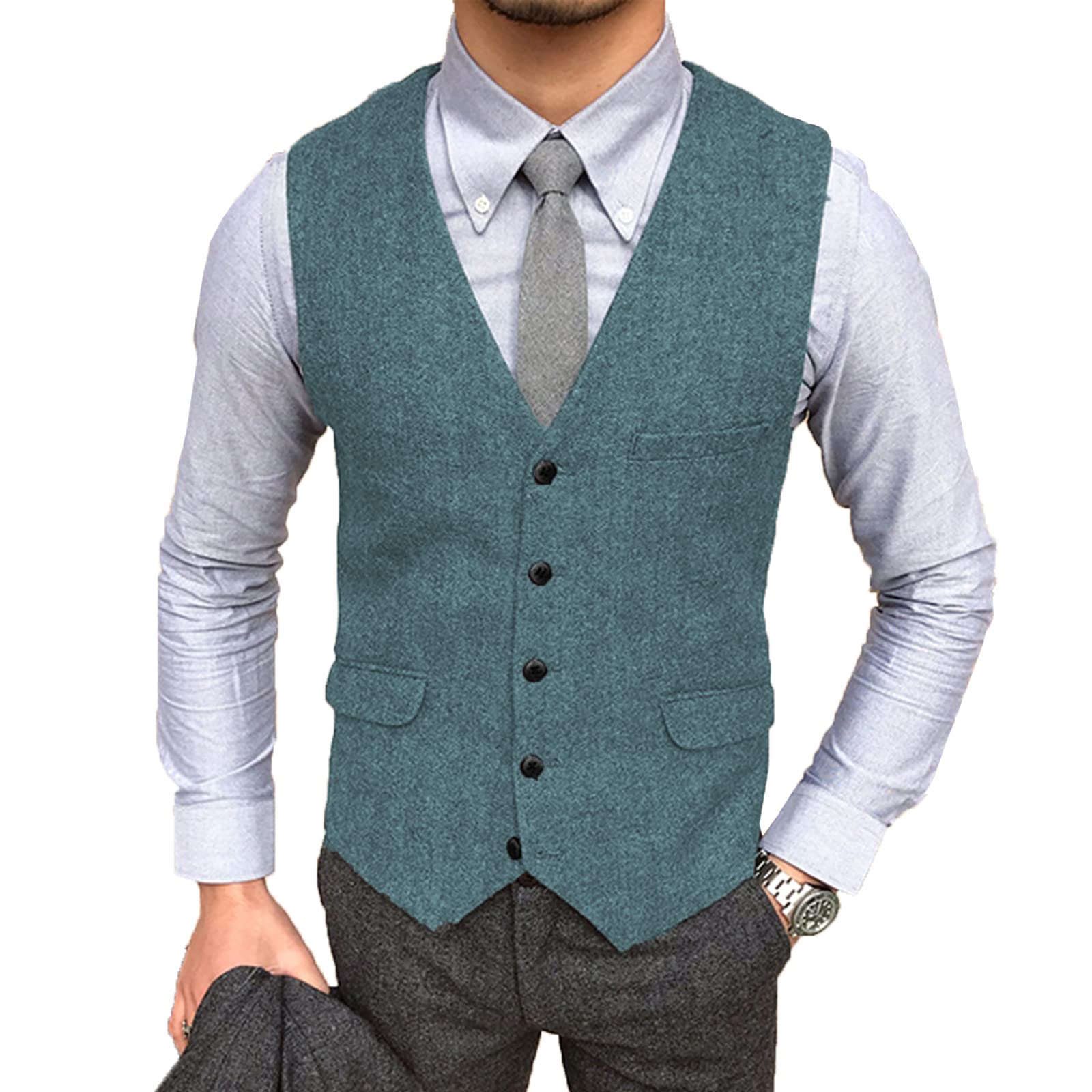 SHACE Herren Anzugweste - Herren Einreiher V-Ausschnitt Anzug Weste Herringbone Tweed Lässige Weste Business Hochzeit Groomsmen Ärmellose Anzug Weste