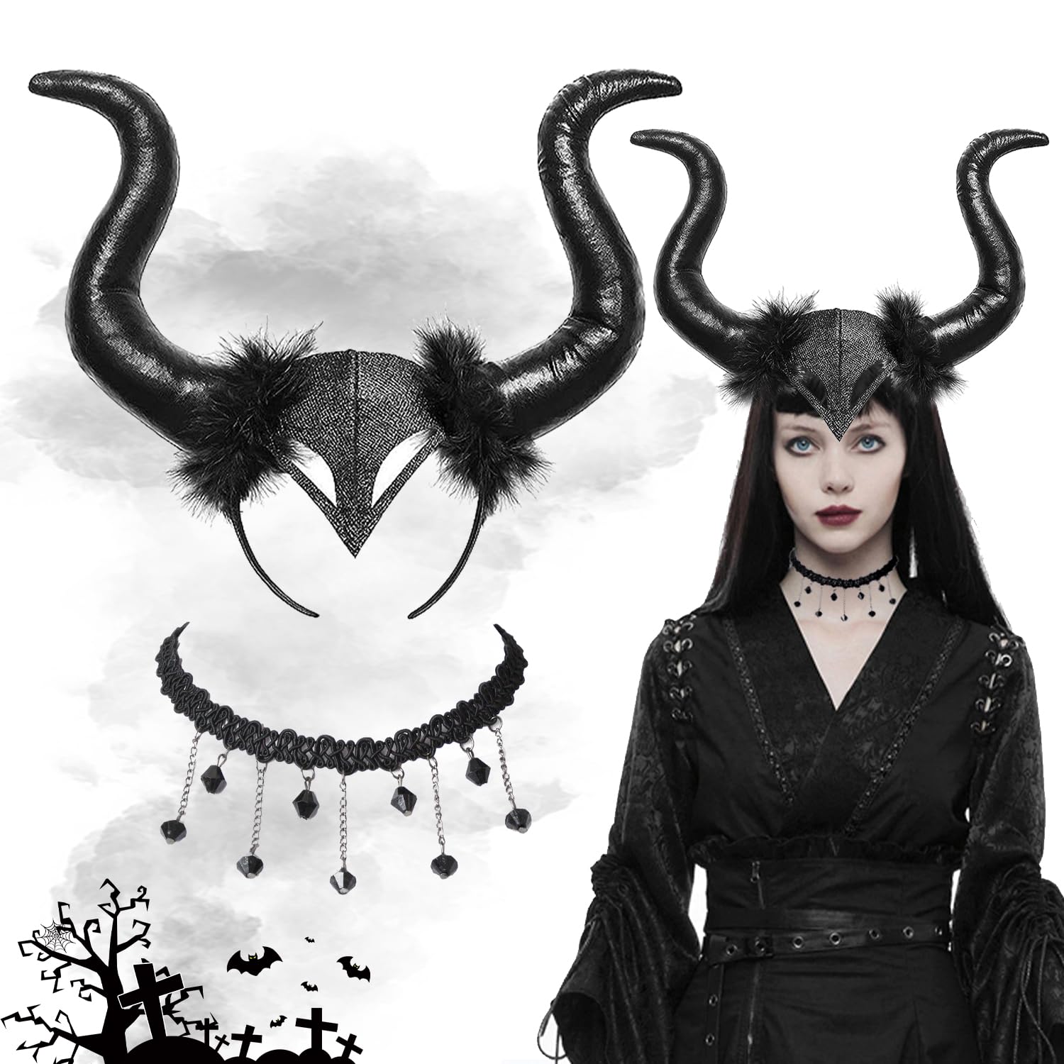 Halloween Queen Hörner,Kopfschmuck Horn Kopfbedeckung mit Gothic Spitze Halskette Devil Horns Cosplay für Halloween Karneval Maskerade,Kinder Dämon Kostüme für Halloween Karneval Fasching Maskerade