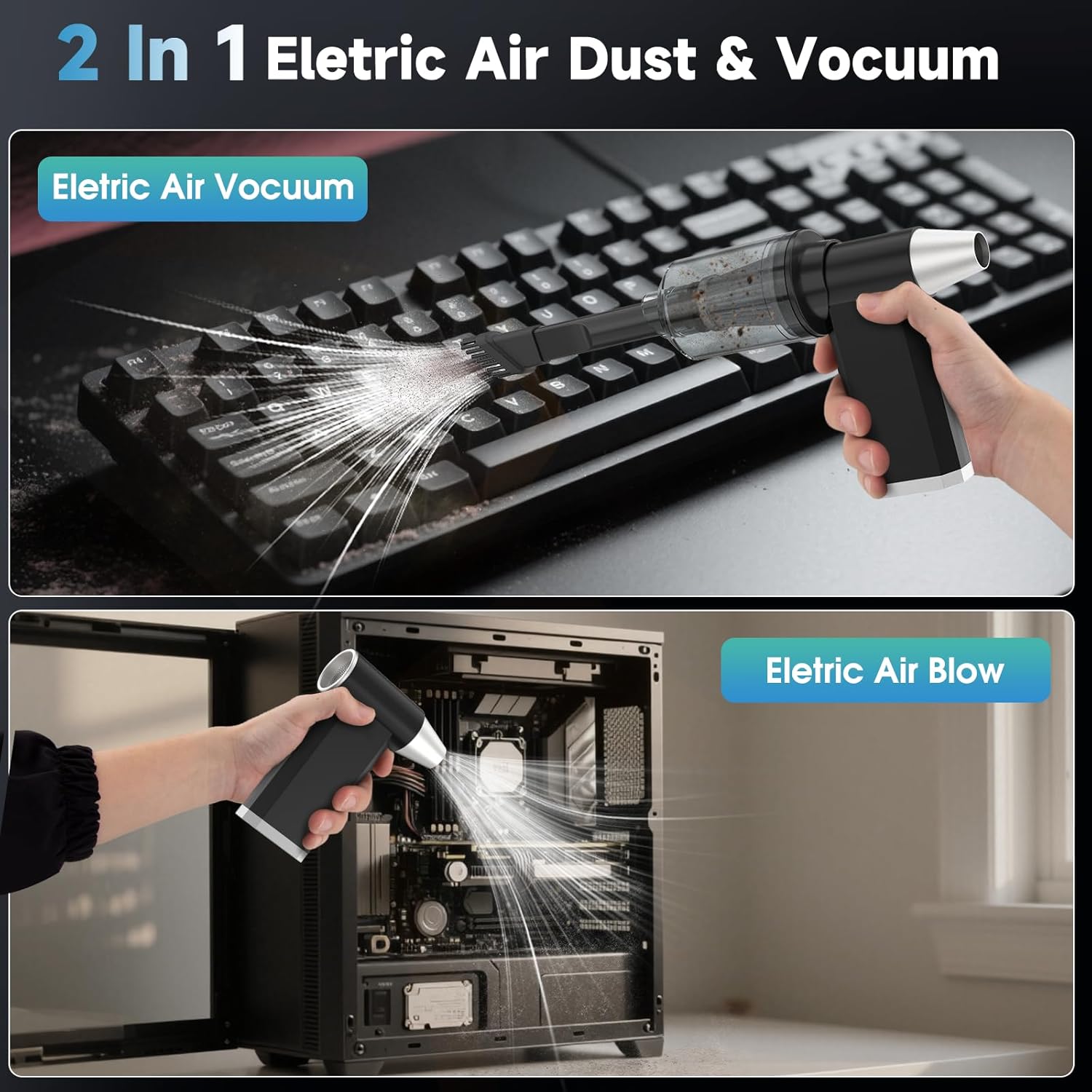 2 in 1 Electric Air Duster and Vacuum,130,000 RPM Powerful Cordless Compressed Air Duster,4 Gear Adjustable Handheld Air Blower,Rechargeable Car Vacuum for Computer,Keyboard,Electronic,Home,Outdoor - Image 2