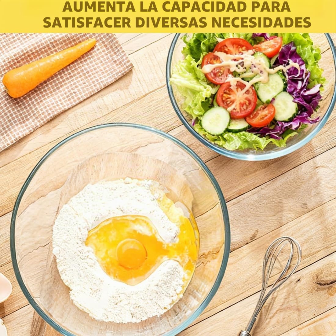 Juego de 3 Cuencos de Vidrio con Tapa Hermética, Cristal Borosilicato 1050 ml+2700 ml+4400 ml Sin BPA Apto para Microondas Lavavajillas Utensilios de Cocina Apilables para Almacenar Mezclar