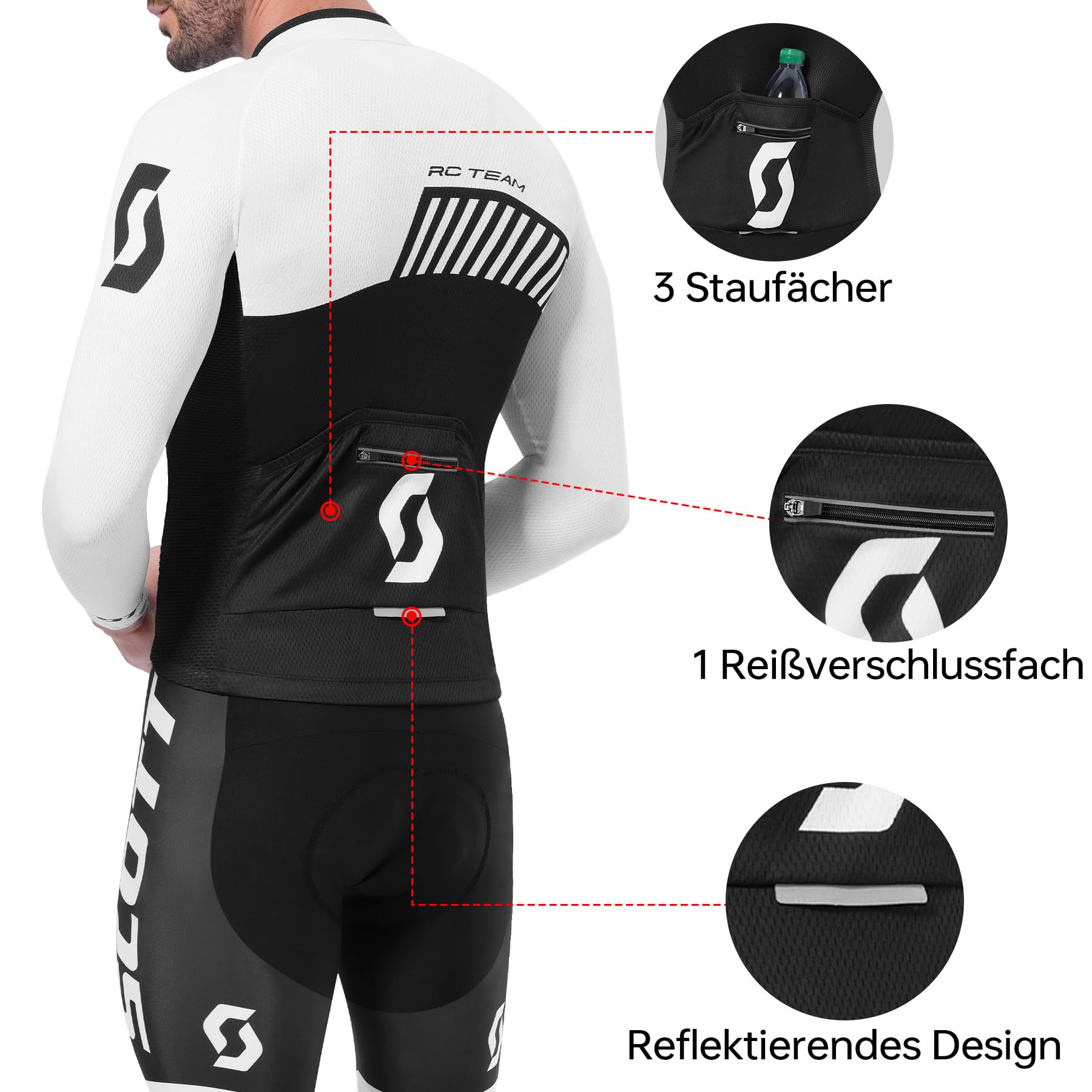 Ensemble Maillot Cyclisme à Manches Longues pour Homme Maillot Vélo | Course Tenue Cuissard Rembourré 5D Automne-hiver Poche Zippée Bandes Réfléchissantes Bandes Antidérapantes aux bas des Jambes