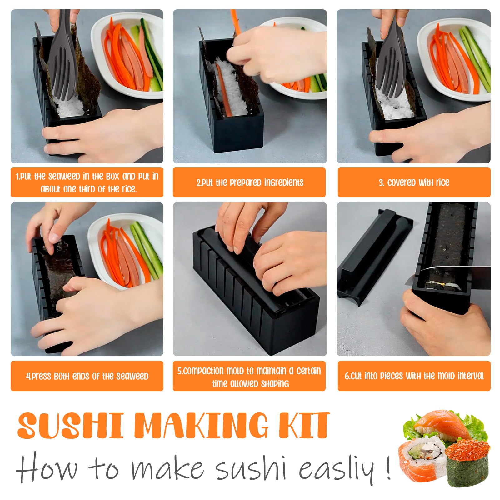 Sushi Maker Completo, Kit da 10 Pezzi con Stampo, Cucchiaio per Riso, Raschietto e Coltello Set per Preparare il Sushi Fai Da Te per Principianti, Fai Da Te e Kit Completo per Prepararlo a Casa
