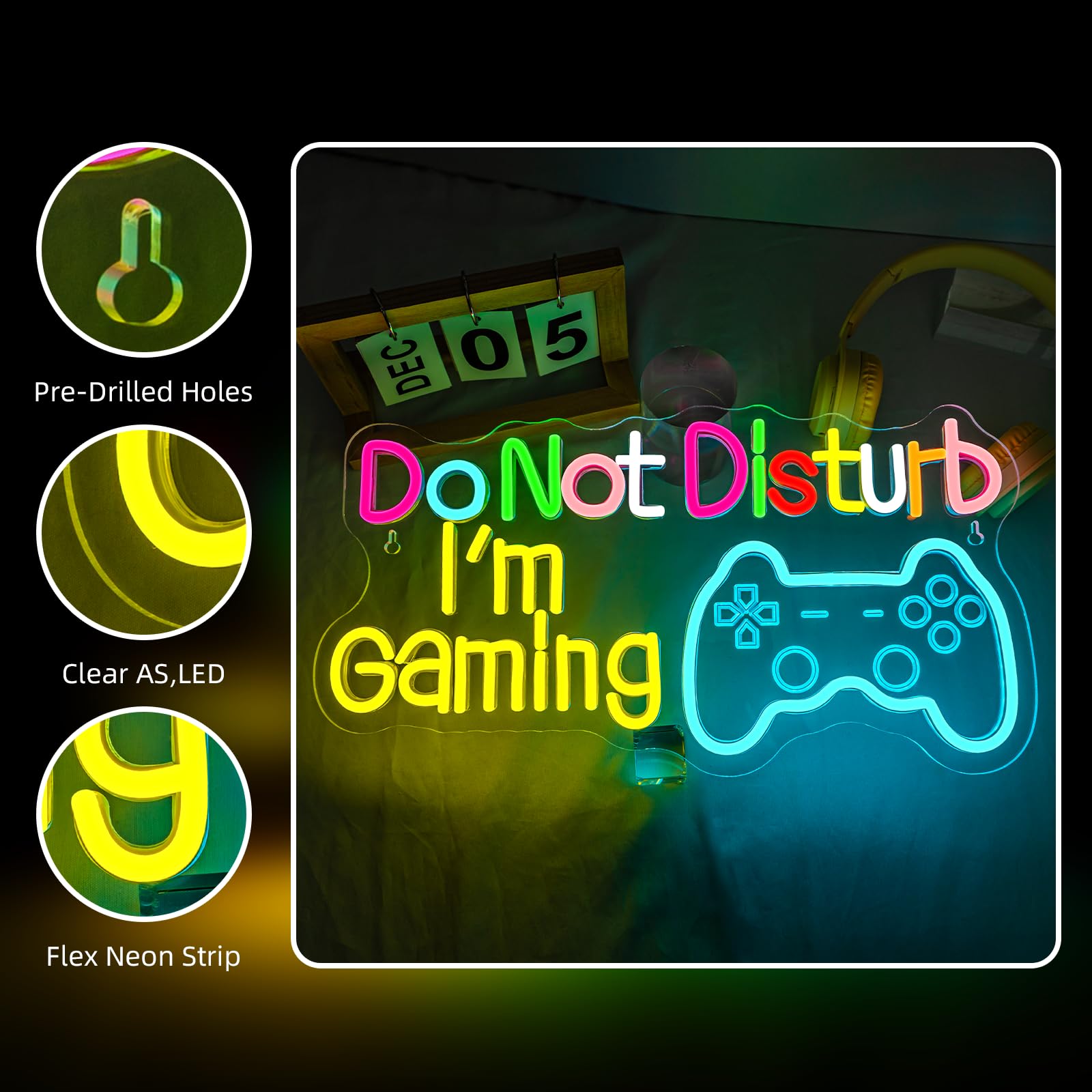 Neonowy znak "Do Not Disturb I AM Gaming", jasny, duży, kolorowy, ściemniany zestaw słuchawkowy LED, oświetlenie i słuchawki, zasilane przez USB, podświetlane znaki do gry w strefę gier, pokój