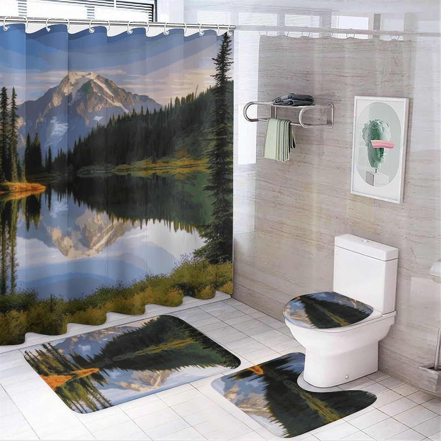 Mountain and Lake Pictures Shower Curtain Set 4 Piece, Non-Slip Bath Mat with Toilet Lid Cover and Waterproof Shower Curtain with 12 Hooks, Complete Bathroom Set for Home Decor