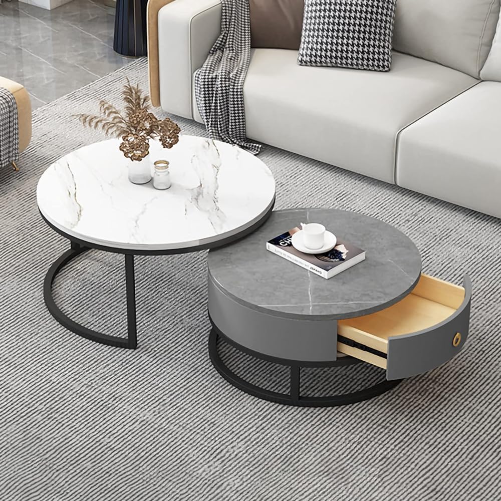 Table basse en marbre gigogne ronde, meuble de salon moderne avec grand tiroir de rangement