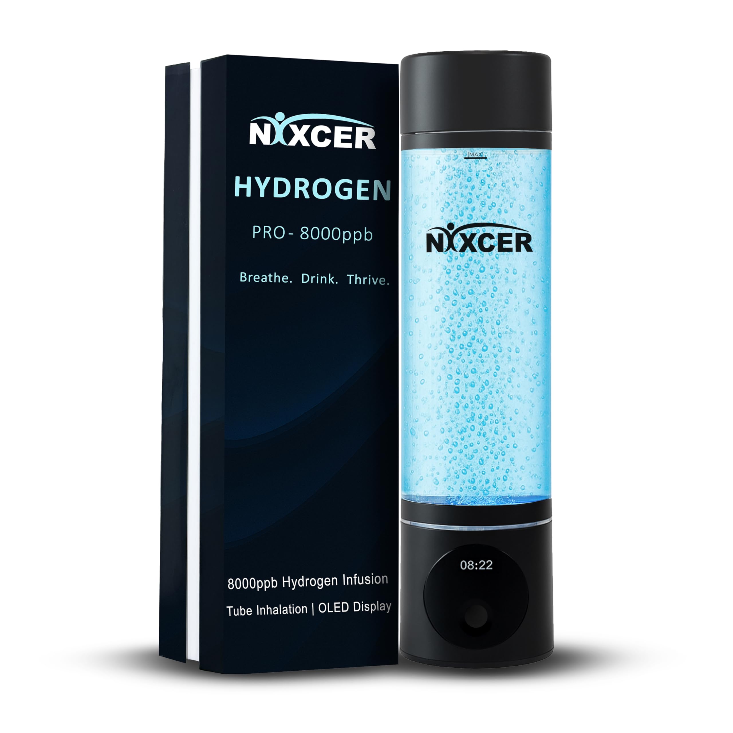 Nixcer Hydrogen Pro Water Bottle – 8000PPB H2, SPE/PEM, OLED Display, Dual Mode (5/10 Min), USB-C Rechargeable – Portable Hydrogen Generator for