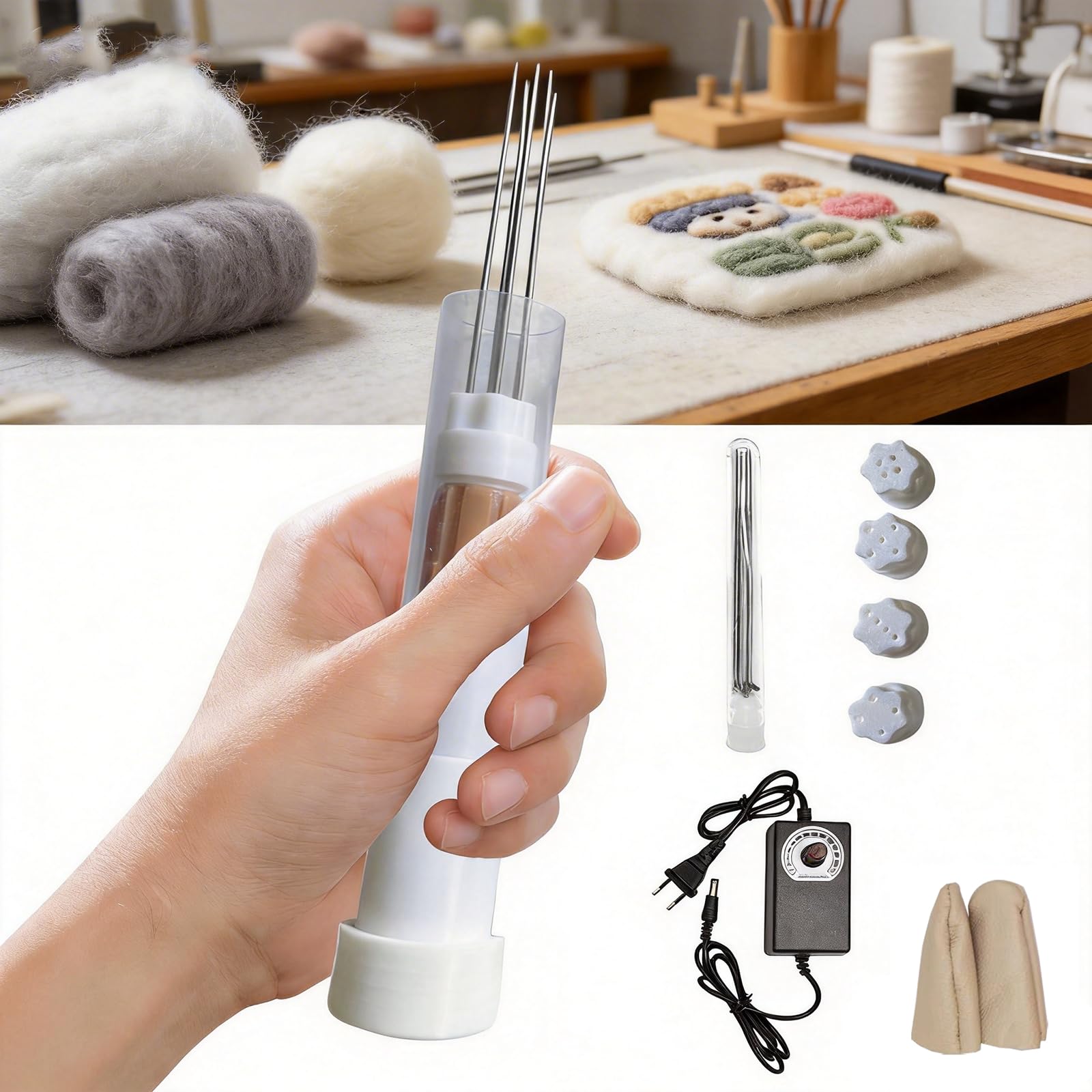 Ysislybin Elektrische Nadelfilzwerkzeuge, Filzmaschinen-Set mit Nadeln & Nadelkappe & Fingerlinge Geschwindigkeitsregelung Wollfilzwerkzeug/Filznadel für Wolle