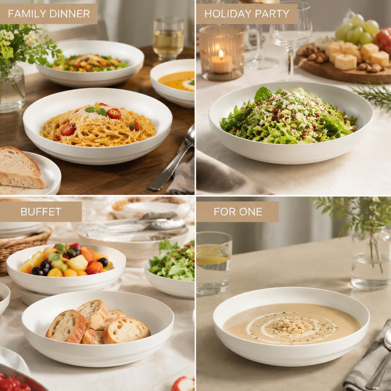 HAPPY KIT Stoneware 9'' Pasta Bowls 42oz Set of 4, Granite White