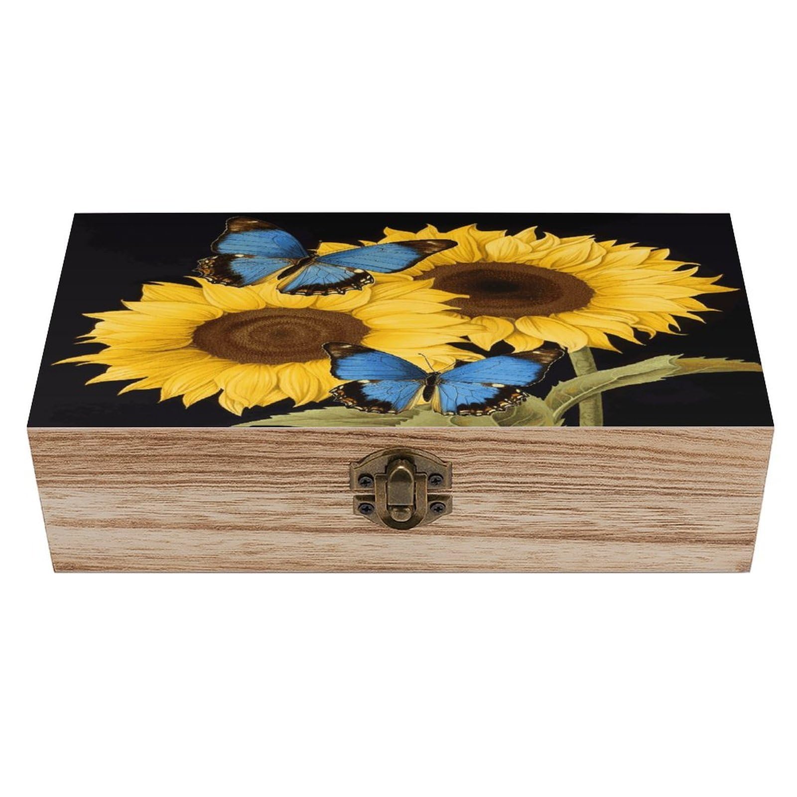 JTREHY Yellow Sunflowers with Blue Butterflies Wooden Storage Box Exquisite Durable Wood Gift Case Sturdy Vintage Jewelry Wooden Chest for Art Hobbies Storage Keepsake Gift