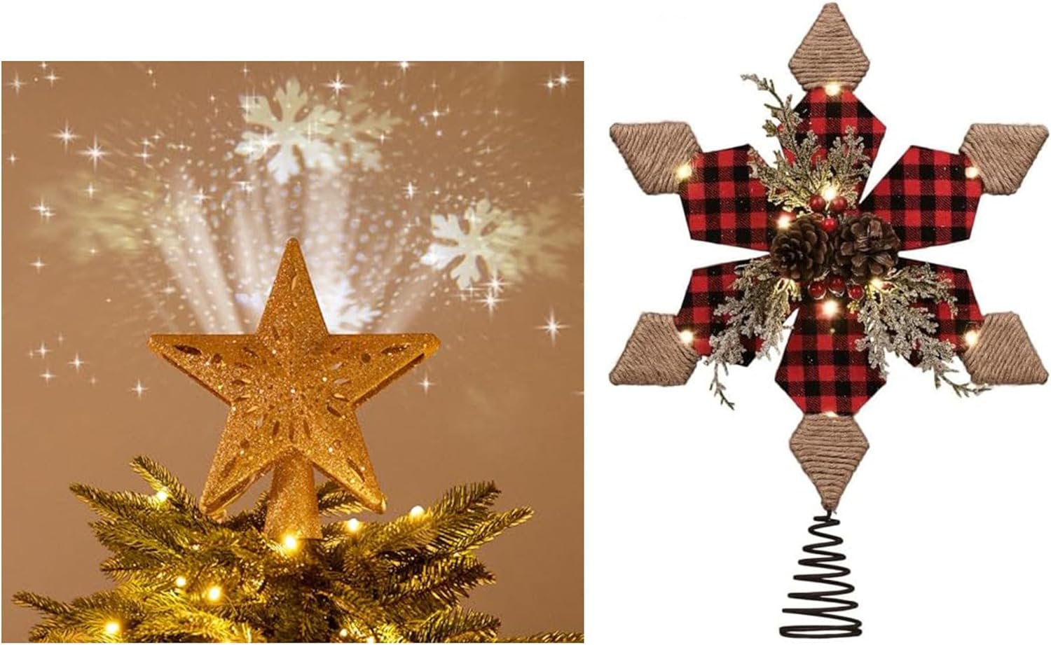 Valery Madelyn Star Tree Topper with Timer for Christmas Decorations Indoor&Farmhouse Rustic Xmas Star Red Black Fabric Metal Tree Top（2 Items Buddle