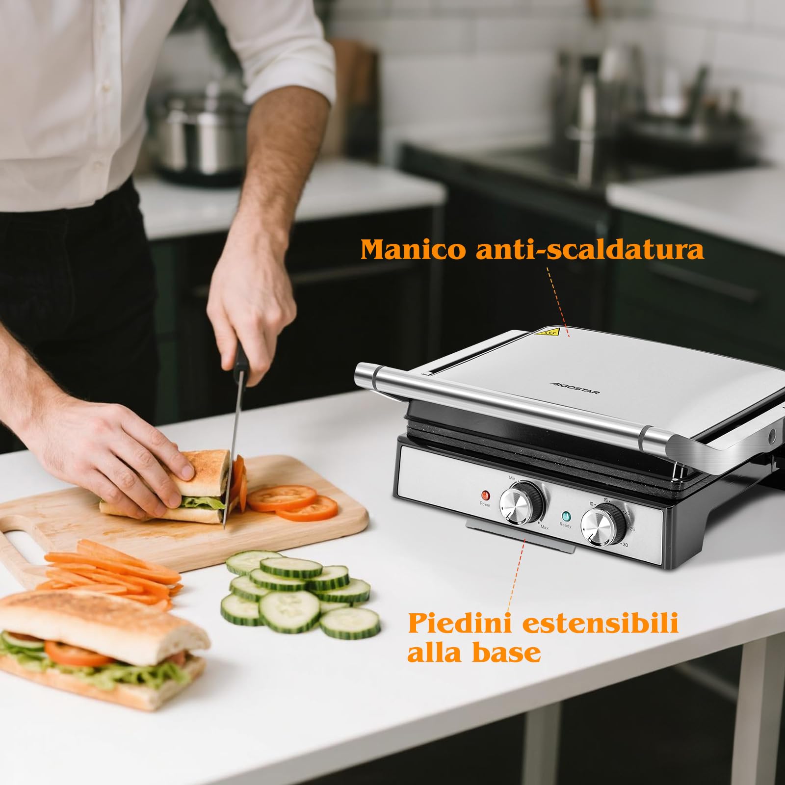 Aigostar Bistecchiera elettrica, Griglia Barbecue XXL, 2000W. Rivestimento antiaderente in ceramica, Timer di 30min, apertura a 180°, superficie di cottura 29 x 23 cm, temperatura regolabile. Roast