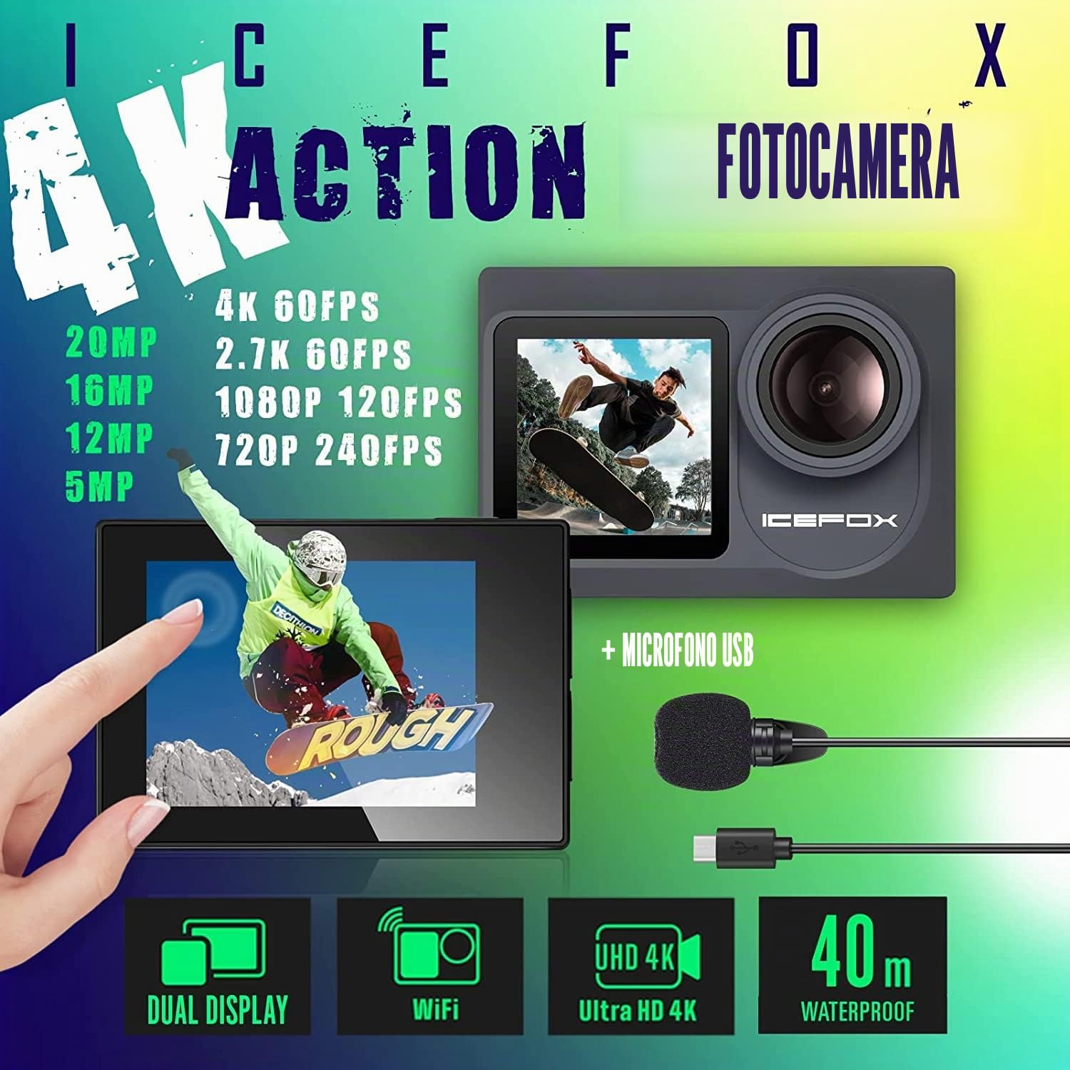 icefox Action Cam, 20MP Action Cam 4K con Touch Screen, impermeabile fino a 40m sotto l'acqua, Stabilizzatore EIS, con Microfono, grigio scuro