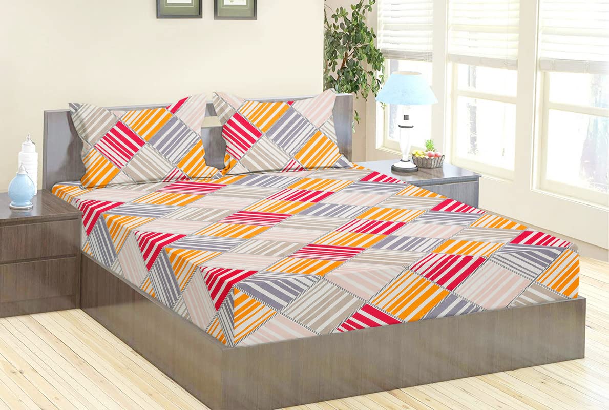 BSB HOME Microfiber Printed Double Bedsheets with 2 King Size Pillow Covers | Double Bed Breathable | Wrinklefree | Supersoftt 180 TC Supersoft |90 x 100 Inches, 7X7.5 Feet | Striped Multicolour