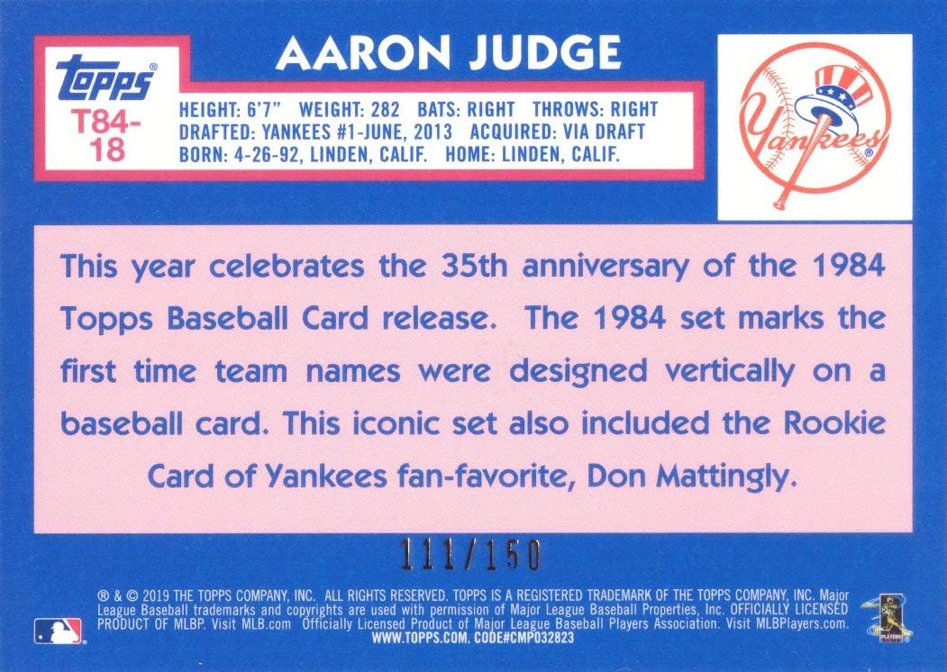 2019 Topps 1984 Chrome Silver Refractor Blue #T84-18 Aaron Judge Baseball Card - Only 150 made!