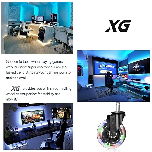 Miniatura 4 de Juego de 5 ruedas para silla de oficina con luces RGB que cambian de color, juego de 5 ruedas de repuesto de goma, ruedas universales silenciosas