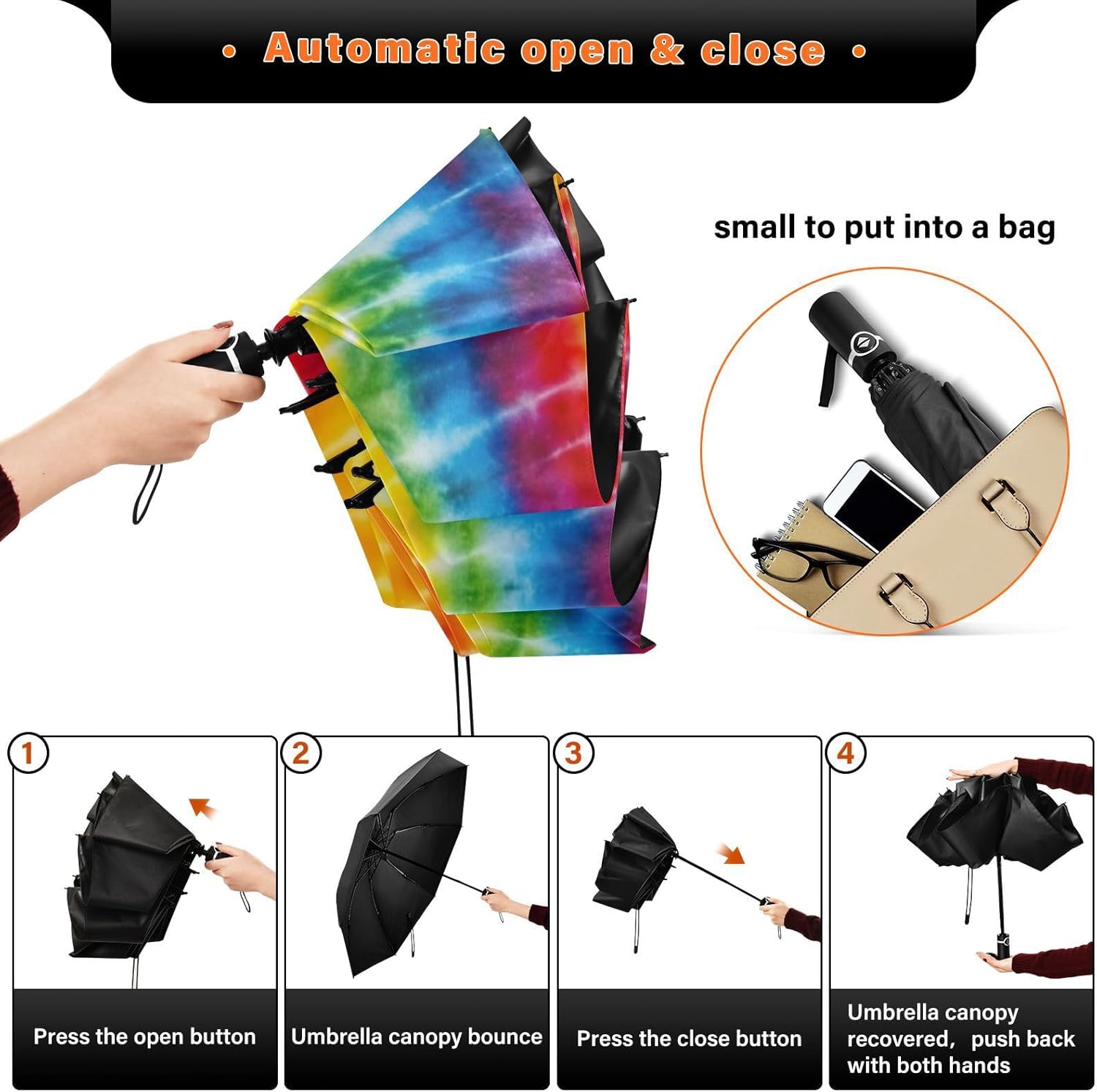 UV Protection Travel Umbrella Tie Dye Colorful Compact for Rain and Sun - Auto Open and Close UPF 50+ Windproof Portable 46” Sun Umbrella for Women and Men