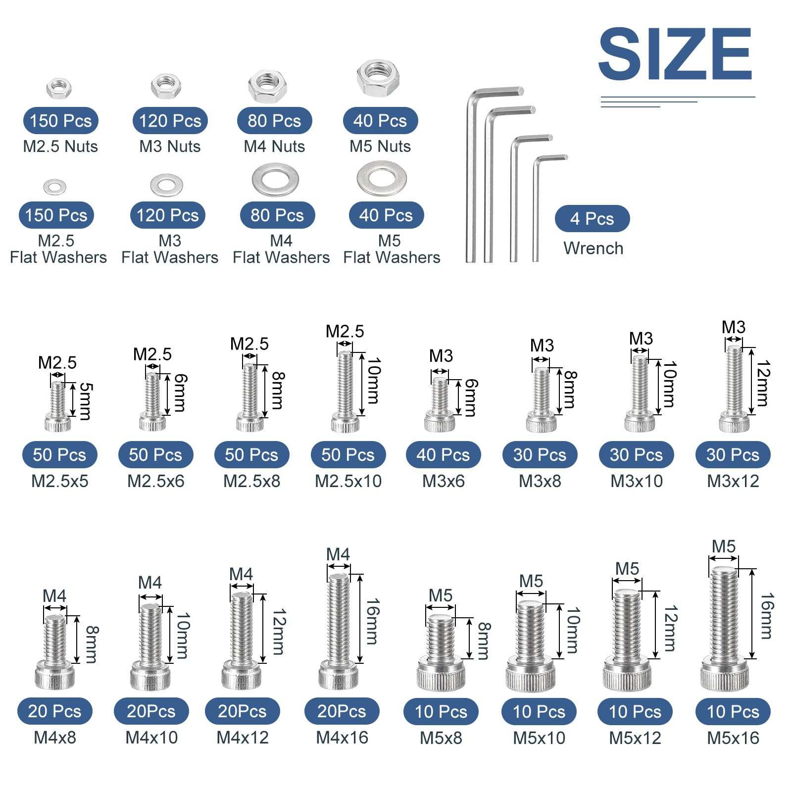 DTGN M2.5/M3/M4/M5X5/6/8/10/12/16Mm(Dxh) Assortiment De Boulons À Tête Cylindrique À Six Pans Creux Avec Écrous, 1230Pcs, Kit En Acier Inoxydable 304 Avec Clé Et Rondelles, Argenté