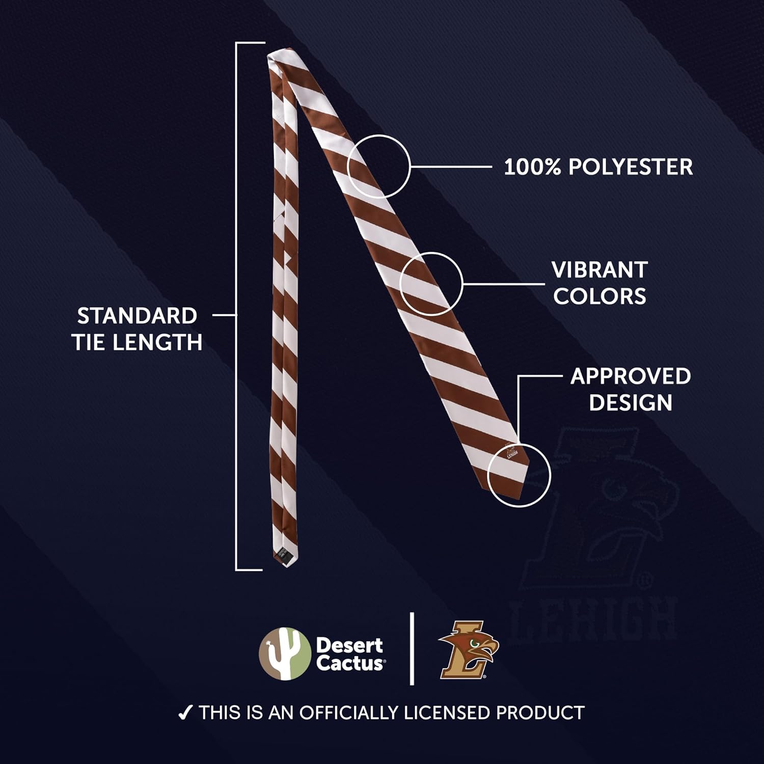 Desert Cactus Lehigh University Neck Tie LU Mountain Hawks 100% Polyester Necktie with Logo, Officially Licensed (Style A) - Image 3