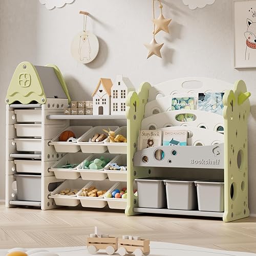 Pipleo Kids Toy Storage Organizer with 17 Removable Bins, 4-Tier Bookshelf for Kids, Multi-Purpose Castle-Shaped Toy Organizer for Playroom,