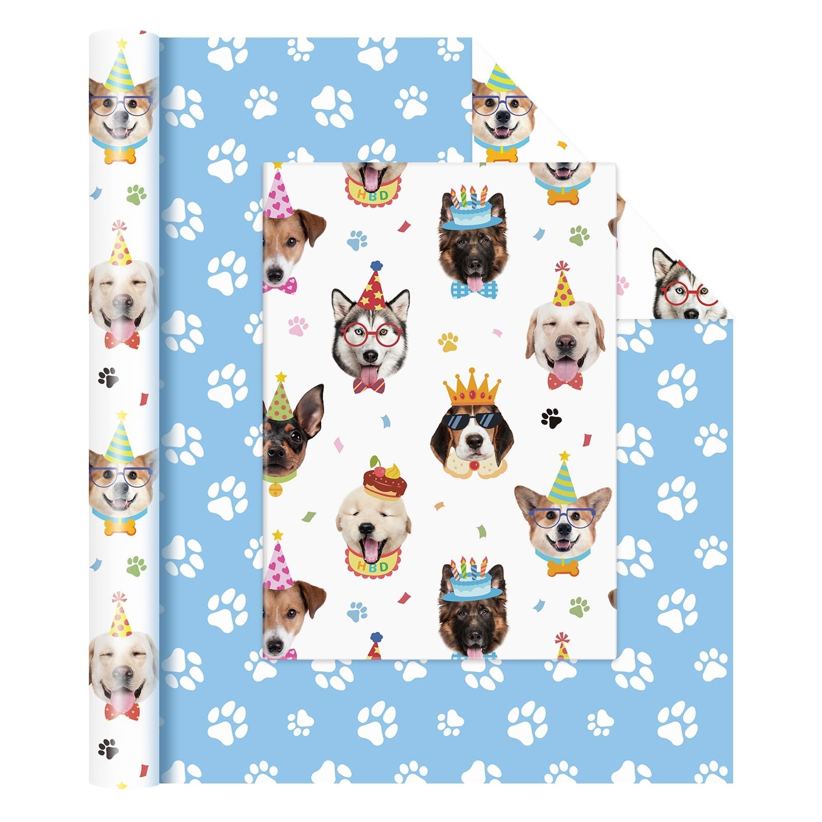 WERNNSAI Dog Birthday Wrapping Paper - 1 Roll Cute Dog Wrapping Paper Funny Puppy Birthday Gift Wrap Reversible Paw Design Animal Present Packing Decoration 43cm x 10m — image 1
