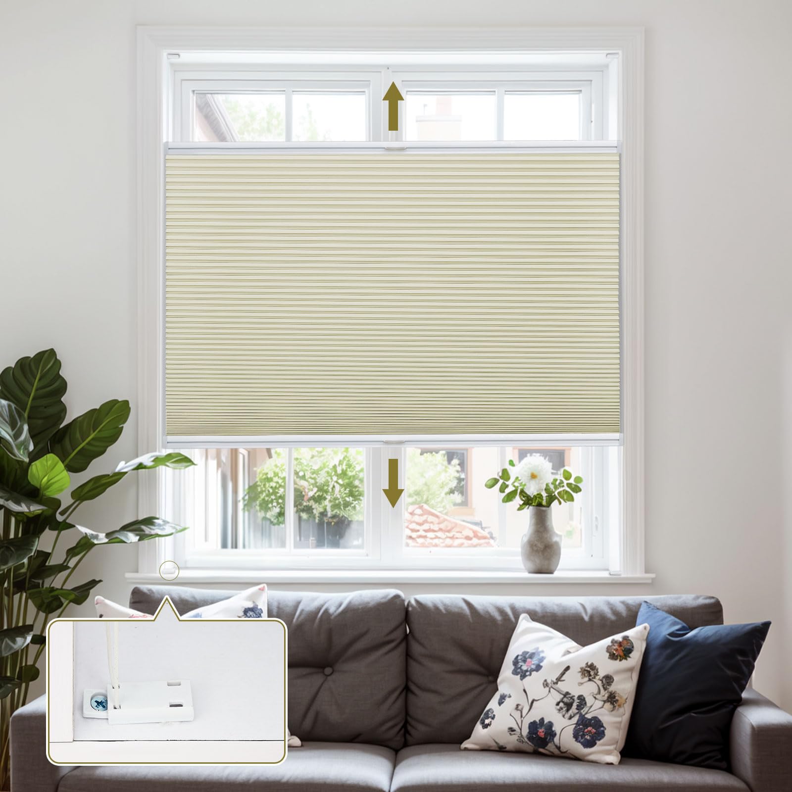 Moonice Cordless Honeycomb Pleated Blinds Blackout Top Down Bottom Up Cellular Blinds Easy Fit Install Inward-Opening Window Shades Heat Insulation Shades for Home Beige, 30cm W x 90cm H