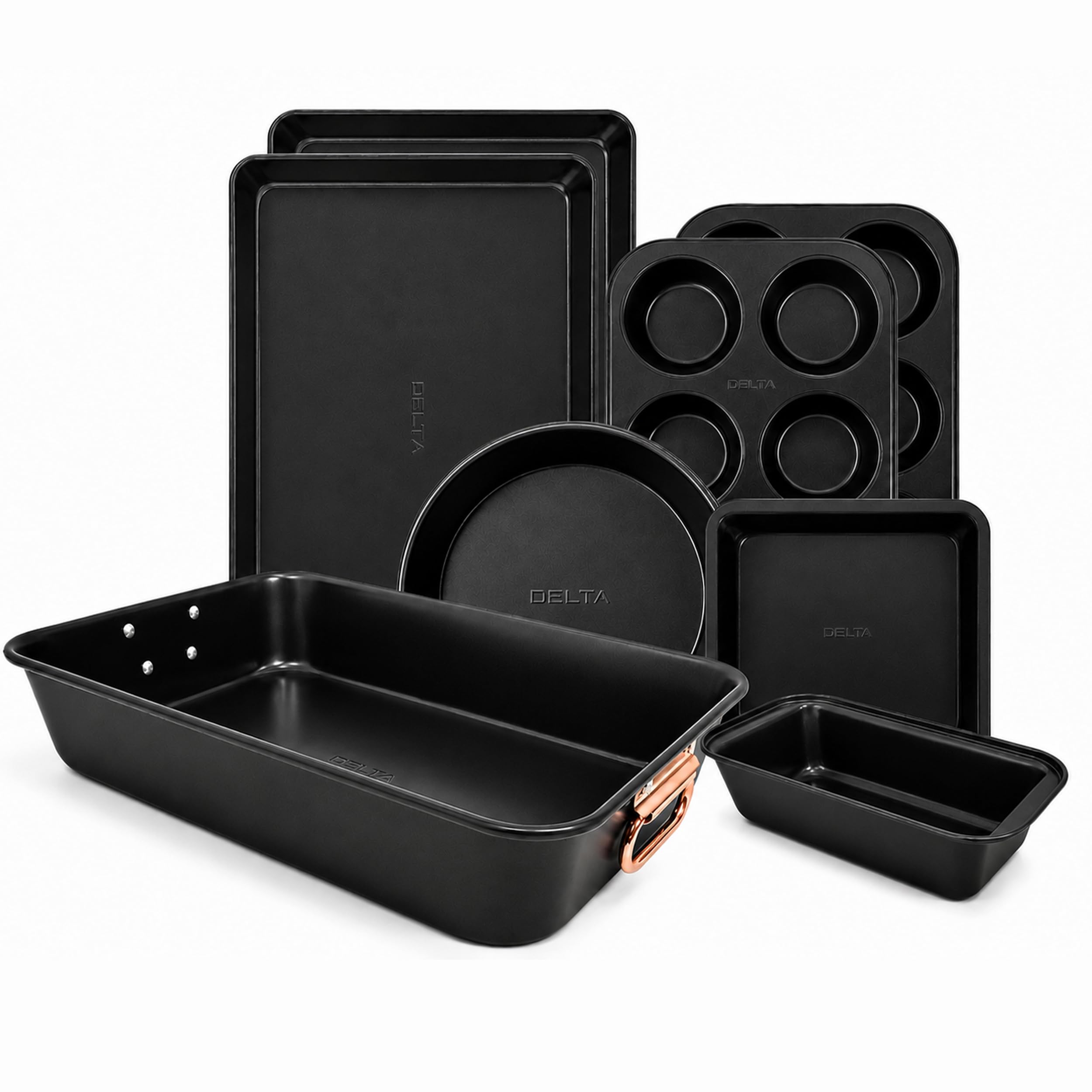 8-teiliges stapelbares Backformen-Set, Antihaft-Keramikbeschichtung, ofenfest bis 230 °C, BPA-frei, inklusive 2 Muffinformen, Kastenform, Bräter, runde und quadratische Pfannen,