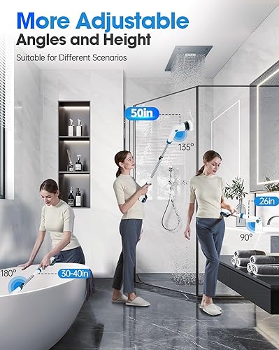 Miniatura 6 de Cepillo eléctrico de limpieza de baño de 1200 RPM, 4000 mAh, 2 baterías, depurador de ducha de 50 pulgadas con mango largo, cepillo eléctrico