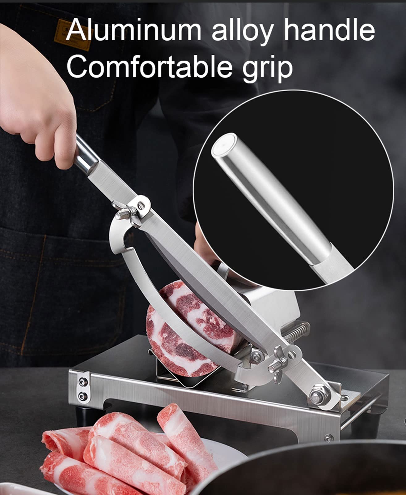 Affettatrice Manuale Salumi per Verdure Manzo e Montone Macchina in Acciaio Inox da Taglio Carne Congelata Spessore della Fetta Regolabile da 0.2-8mm, Nessuna Ruggine, Facile da Pulire