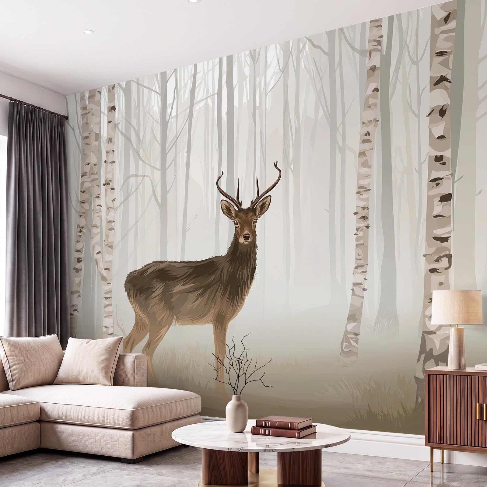 Générique Tapeta z włókniny 350 x 256 cm, mgiełka jeleń brzozy fototapeta do wejścia i sypialni, dekoracja ścienna jasnobrązowa natura realistycznie kojąca