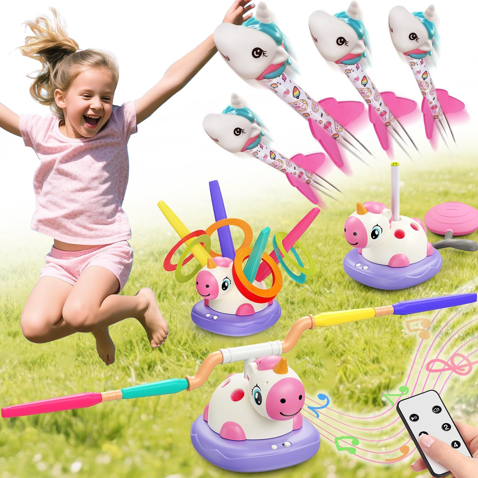 3 in 1 Unicorn Rocket Launcher, Ring Toss & Musical Jump, Outdoor Jumping Spinning Toy for Kids Ages 3-8, Indoor Active Play Set for Boys Girls, STEM Learning Birthday Gift for 3 4 5 6 7 8 Years Old