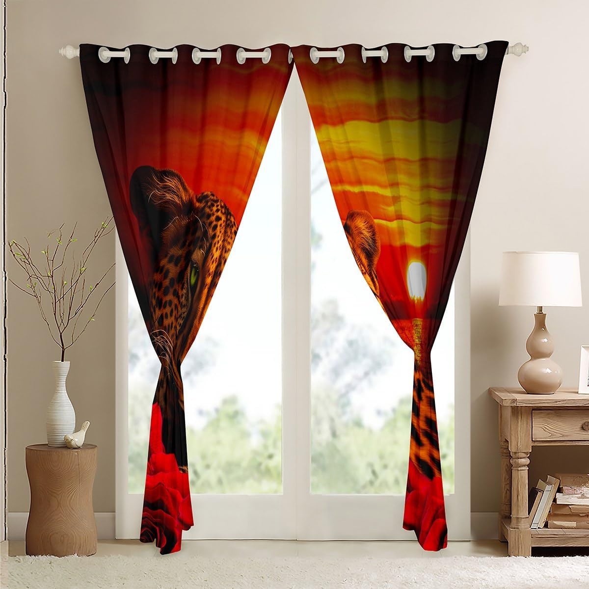 Moon Cheetah Window Treatment Leopard Print Red Rose Curtains for Men,African Safari Animals Window Curtains Novelty Wildlife Big Cat Draperies Ocean Sunset Landscape Bedroom Decor 104"X63" image 4