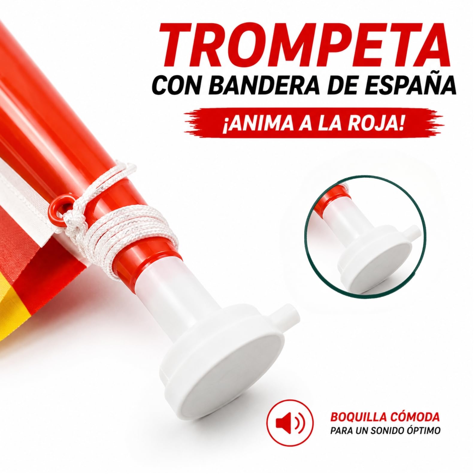 Trompeta con Bandera de España para Aficionados – Bocina de Animación 28 cm | Sonido Fuerte y Claro | Ideal para Fútbol, Eventos y Celebraciones (3 Rojo)