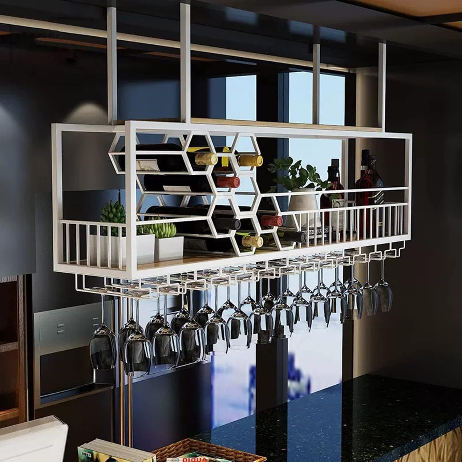 Hanging Wine Rack With Glass Holder And Shelf, 2,Layer Industrial Hanging Wine Glass Rack Ceiling Iron Bottle Holder Wine Shelf White 120x30cm Chaser Of Light E36ae845