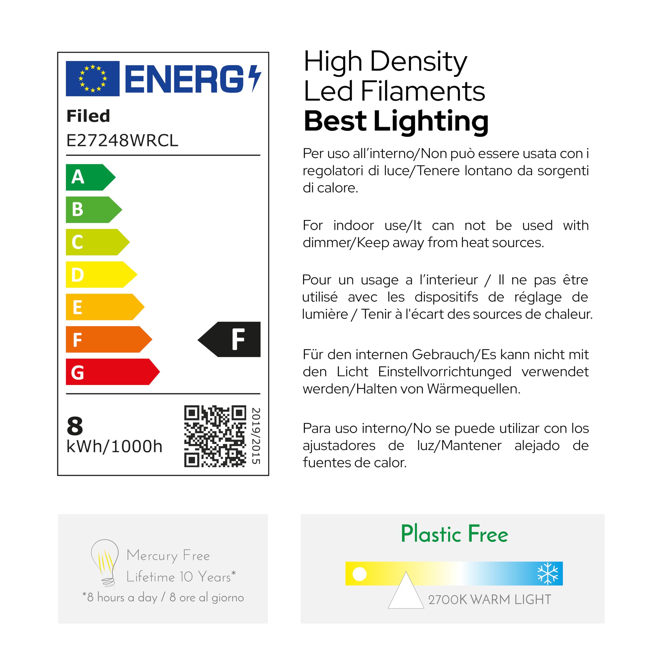 Smart Goccia Power Click 2-4-8W Glühbirne, E27, transparentes Glas, einstellbare Intensität, 2700K warmes Licht, gerader LED-Glühfaden, 960 Lumen, 10er-Pack