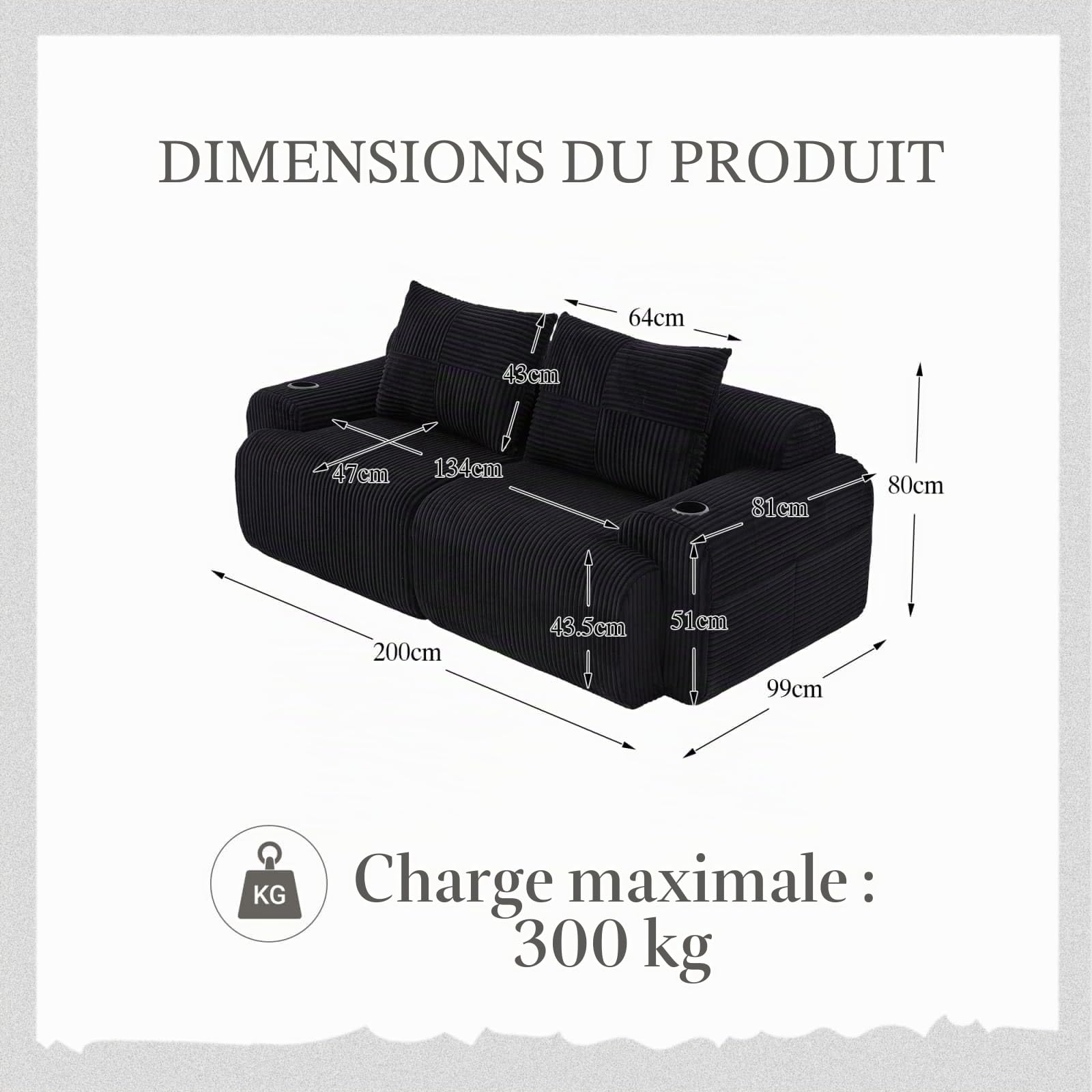 PUGSDRLY Canapé Modulaire en Velours Côtelé, Canapé d'angle Moderne, Assise Profonde, Accoudoirs Larges, sans Assemblage, avec Porte-Gobelet et Poches Latérales (Noir, 2 Places)