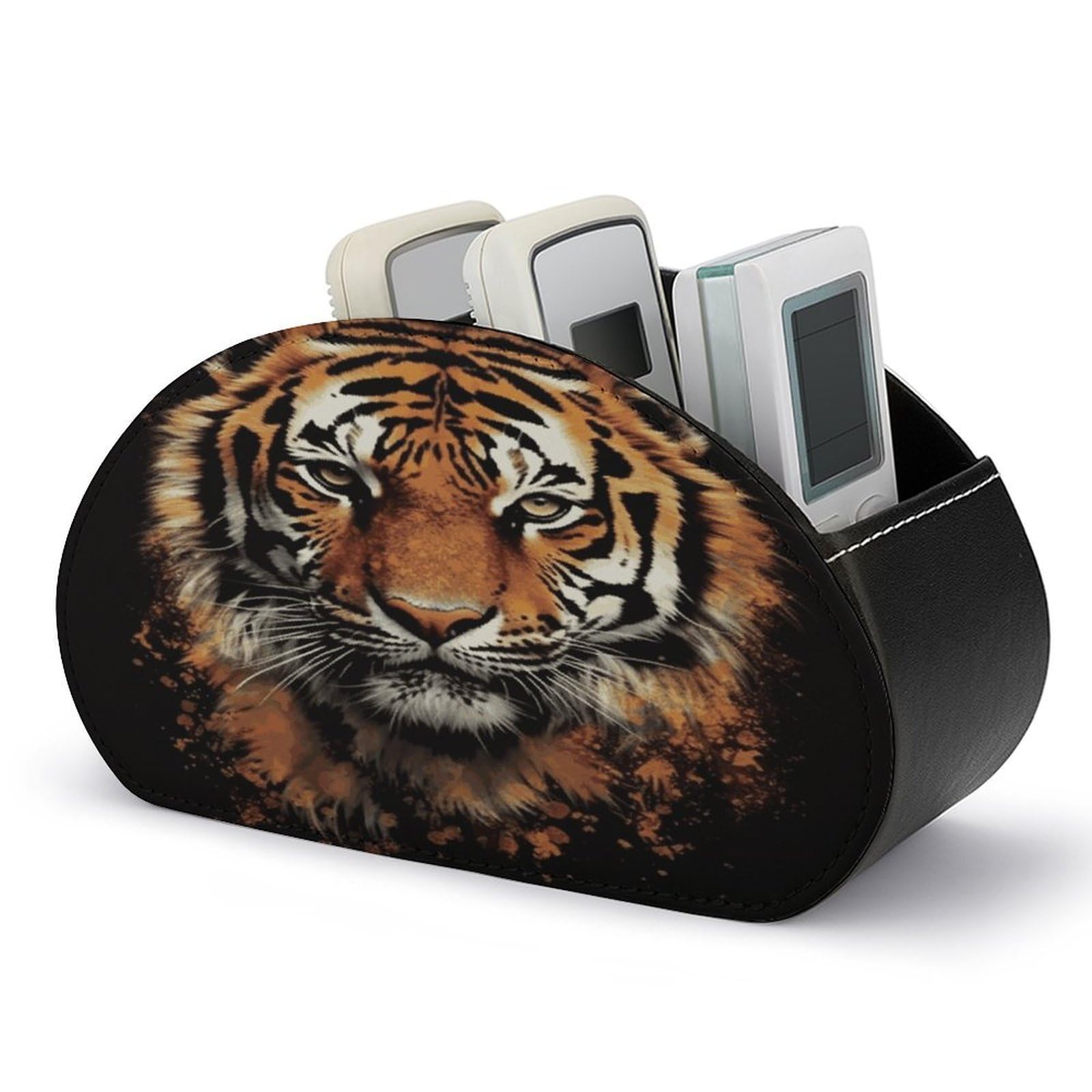 FekiLoot Leather Remote Control Holder with 5 Compartments Tiger Head Artwork Remote Caddy Desktop Organizer Store TV Remote Holder Remote Organizer for Bedside Table Office Desk
