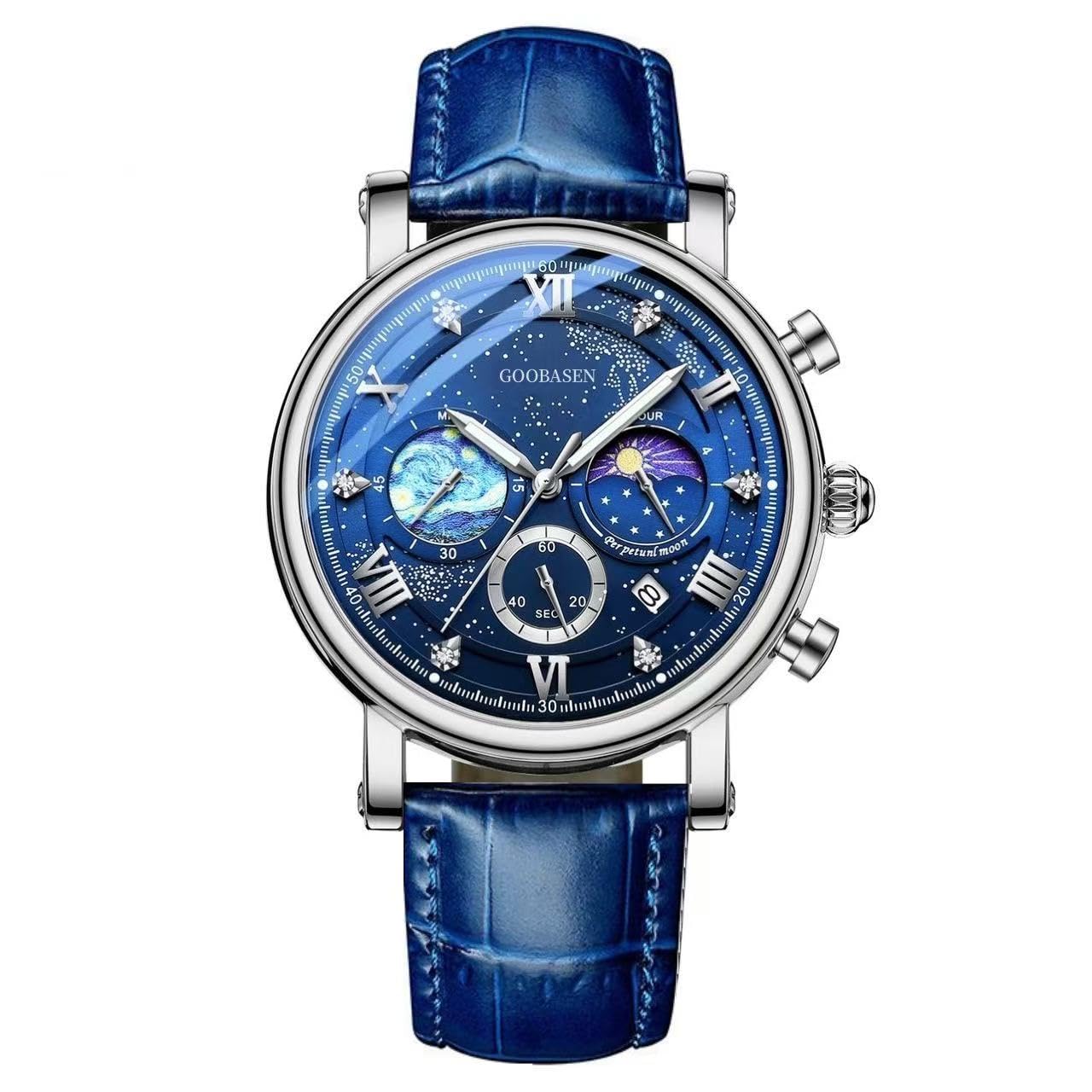 MINILUJIA 30M Impermeabile Uomini Luminoso Orologi Unico Creativo La Fase della Luna/Alendar Funzione Universo Stellato Terra Eye-catching Personalizzato Cool Donne Watch Blu, Blu