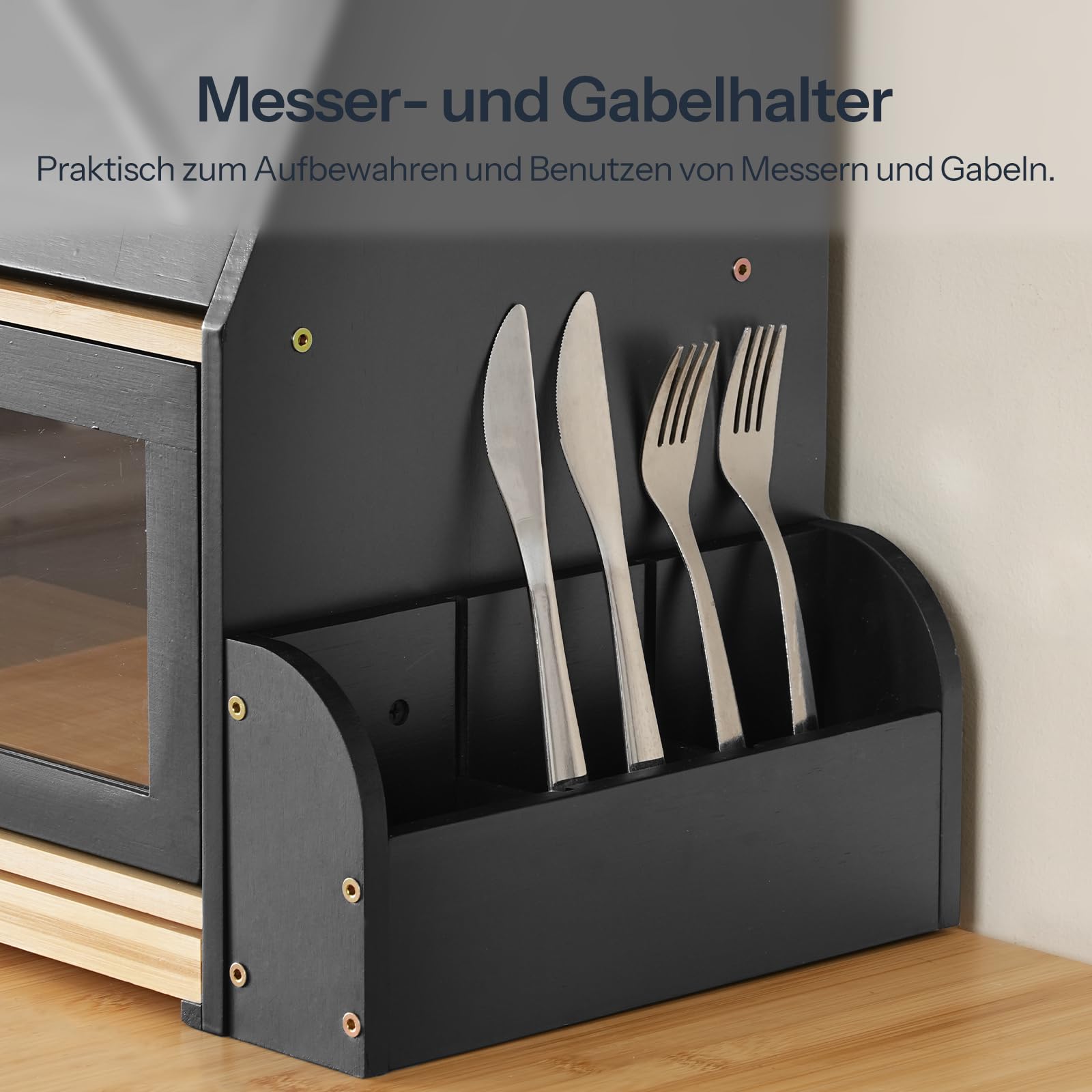 HOOBRO 2-stöckiger Brotkasten Bambus mit Schneidebrett und Besteckhalter, Brotbox mit Acryltüren, Brotkorb, Brotaufbewahrung, Brotbehälter für Küche und Esszimmer, Schwarz und Natur EBY23MB01