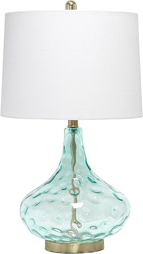 Elegant Designs LT3217-BLU - Moderna lámpara de mesa de cristal refinado de colores burbujeantes de 24 pulgadas con pantalla cónica de lino blanco