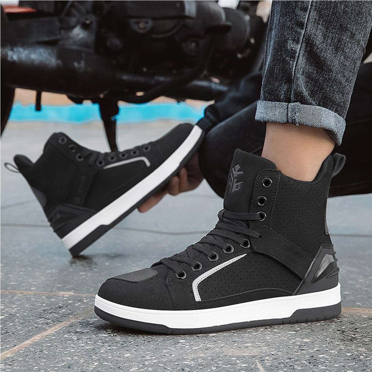 SDEQA Scarpe Moto Uomo Stivali da Motocross Strada Casual | Traspirante Antiscivolo Supporto per La Caviglia Suola Antiscivolo Impugnatura del Cambio