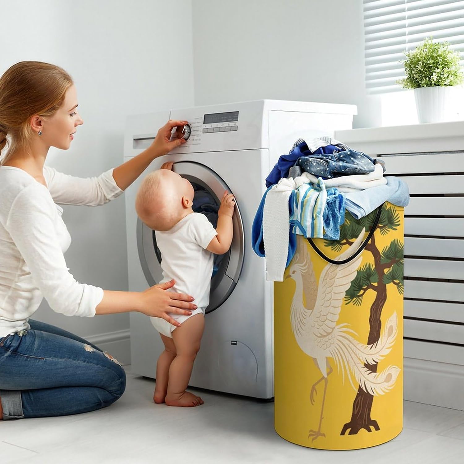 Linen Beige Phoenix And Pine Laundry Hamper Portable Lightweight Clothes Hampers Fashion Dirty Laundry Storage Basket Large Capacity Foldable Clothes Baskets for Bathroom Bedroom