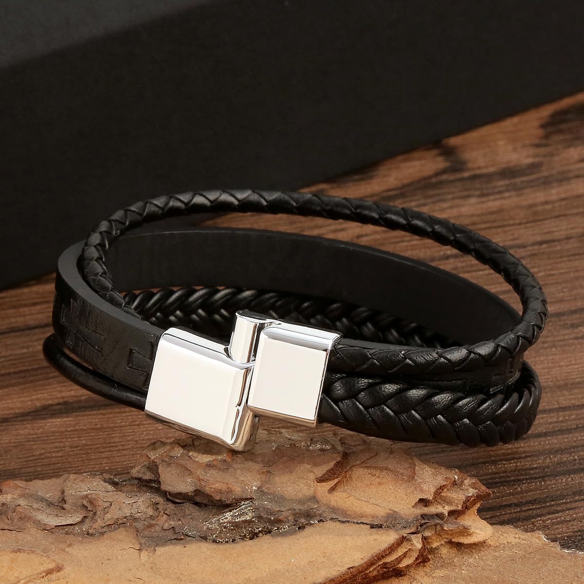Mens Leather Cross Bracelet Multi-Layer Braided Faith Bracelet Religious Wristband Father's Day 8.5" Memory Bangle with Stainless Steel Buckle - Image 2