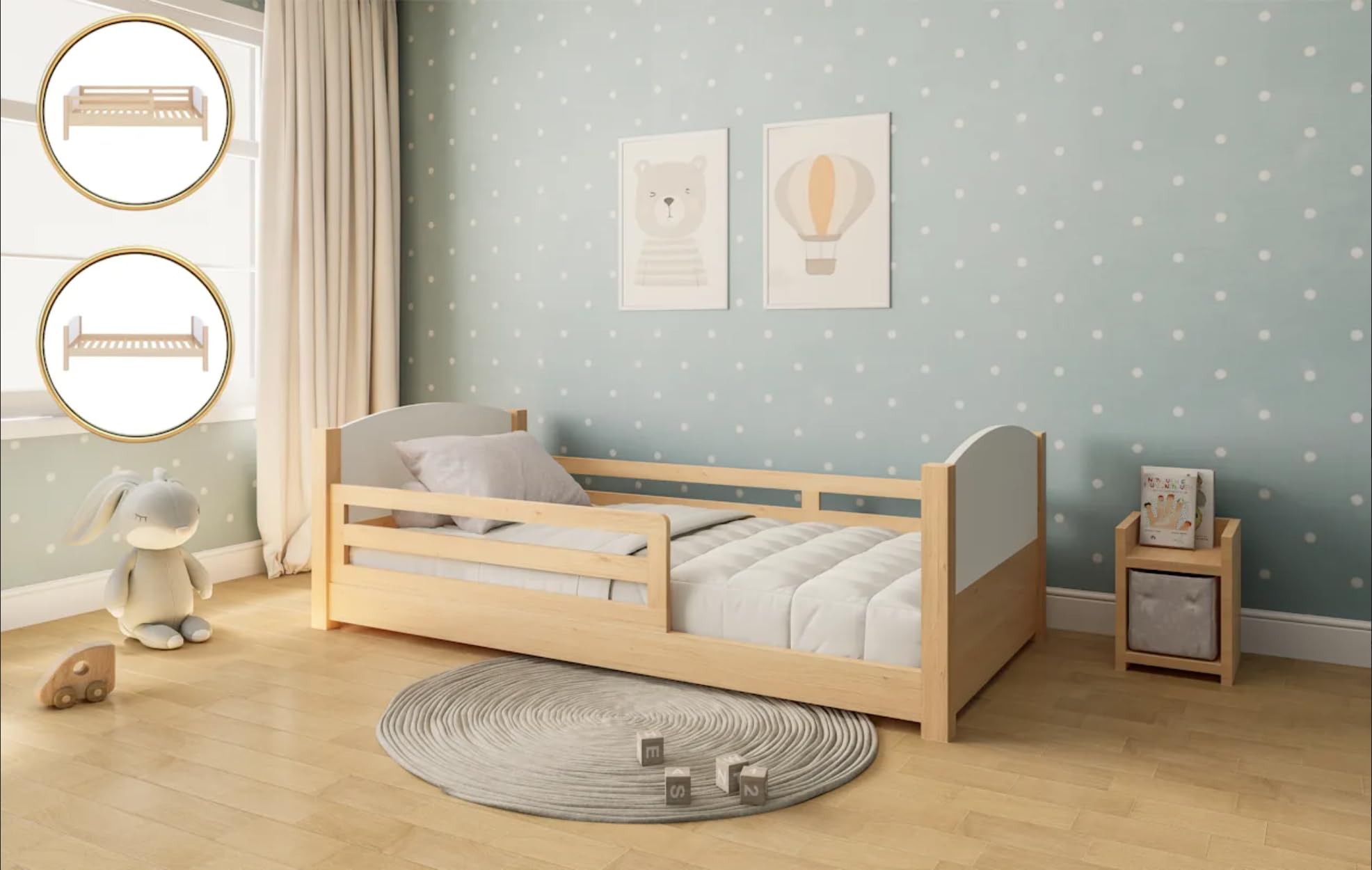 KONTARBOOR Cama Infantil Convertible 3 en 1 Madera – Altura del colchón Ajustable – Barandillas extraíbles – Inteligente y ECONÓMICA – Diseño de Madera Natural 90x190 cm.