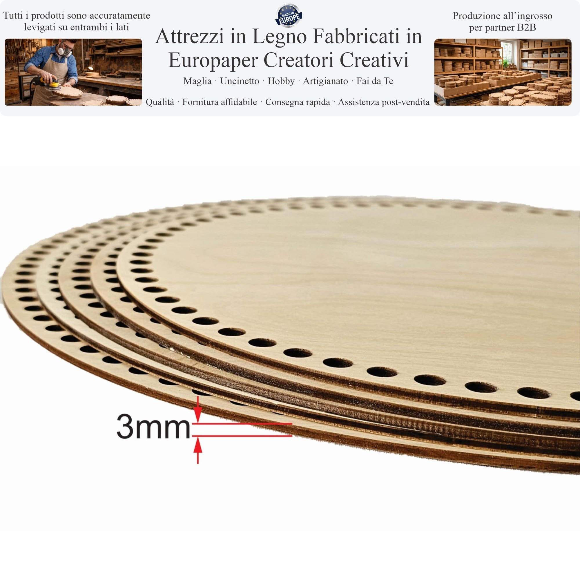 Base Rotonda in Legno 3mm, 30–40cm per Uncinetto – Fondo per Cesti, Cestini e Borse all’Uncinetto, Fai da Te, Varie Dimensioni (Fori 8mm, 40cm)