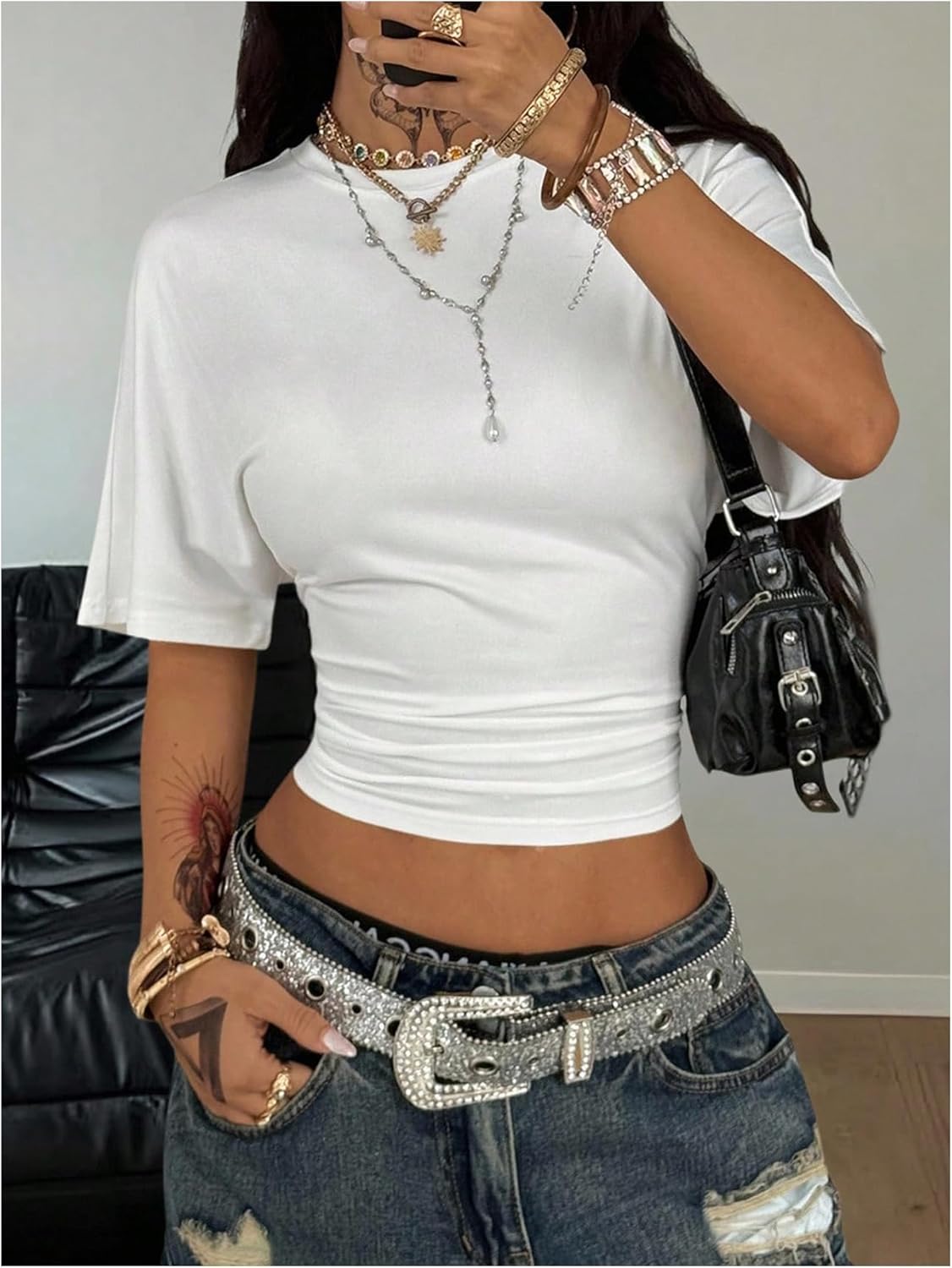 SOLY HUX Women's Cinched Waist Tops Drop Shoulder Short Sleeve Ruched Crewneck Summer T Shirt - Image 5